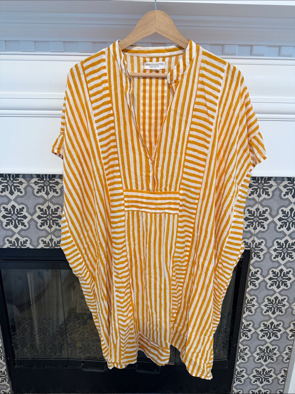 Emerson Fry Caftan Marigold Stripe OS S M L Organic Cotton Block Print Dyed - Picture 5 of 8
